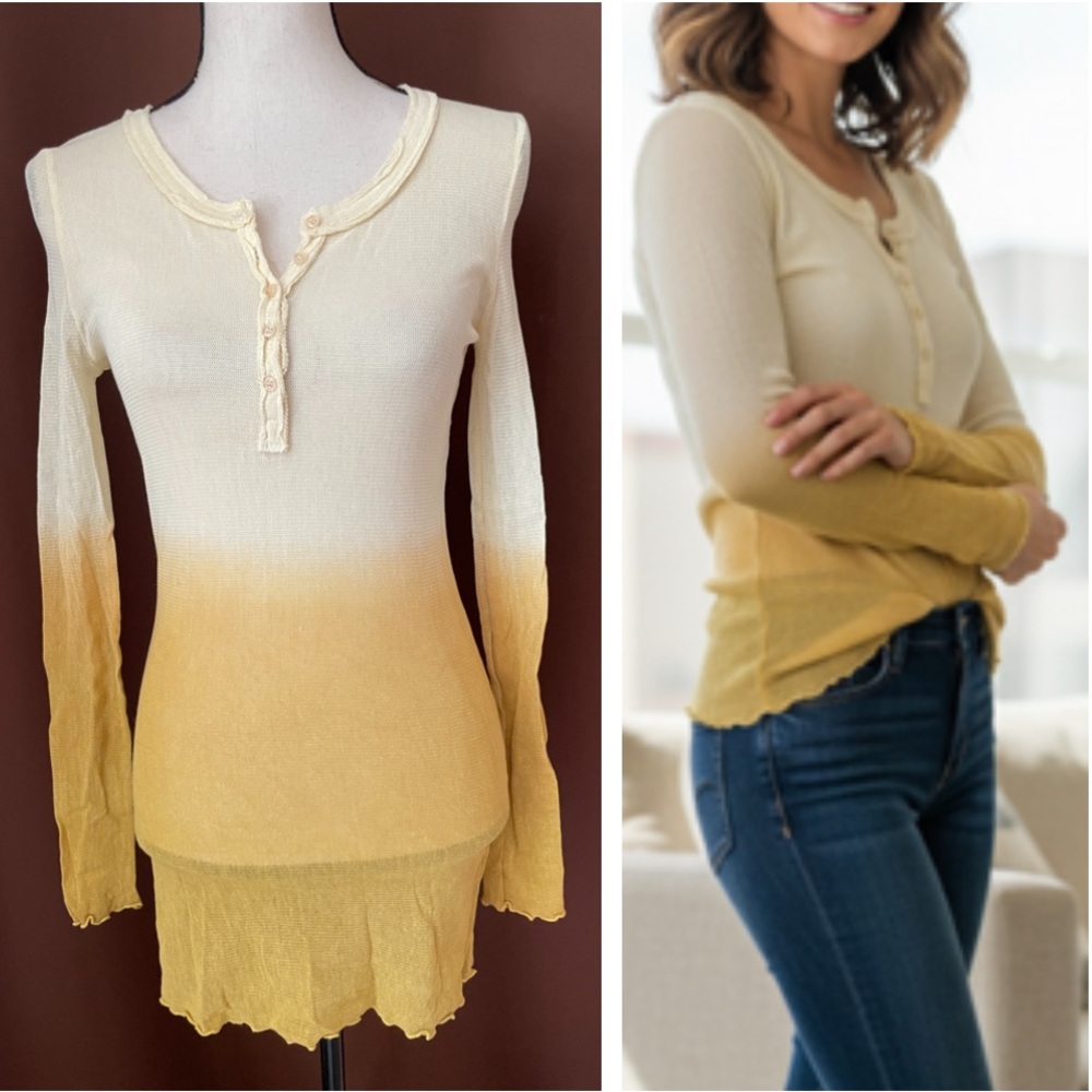 NWT Y2K ombré mesh butter yellow cotton blend long sleeve sheer Henley top S